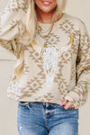 Parchment Steer Head Graphic Aztec Pullover Sweatshirt-Tops-MomFashion