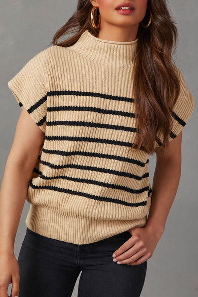 Parchment Striped Ribbed Knit High Neck Sweater-Tops-MomFashion