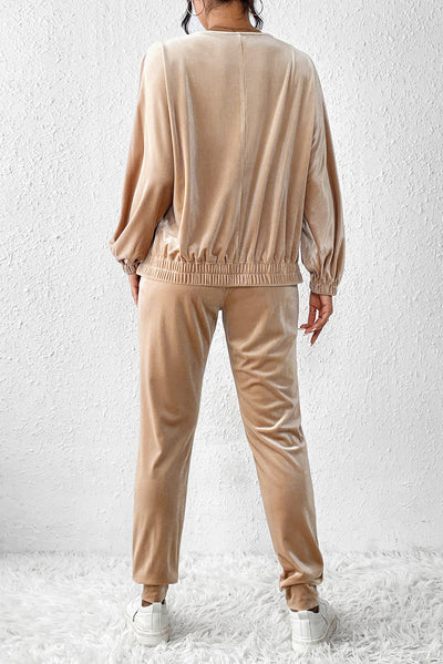 Parchment Velvet Zipped Top and Joggers Two Piece Set-Loungewear-MomFashion