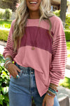 Peach Blossom Colorblock Striped Bishop Sleeve Top-Tops-MomFashion