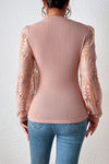 Peach Blossom Sunflower Mesh Bubble Sleeve Waffle Knit Top-Tops-MomFashion