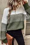 Pickle Green Color Block Drop Shoulder Ribbed Trim Sweater-Tops-MomFashion