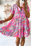 Pink Abstract Geometric Print Tassel Tie Flared Dress-Dresses-MomFashion