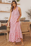 Pink Abstract Print Split Neck Sleeveless Maxi Dress-Dresses-MomFashion