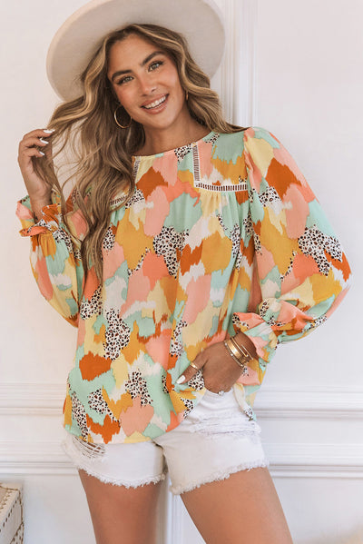 Pink Abstract Printed Long Sleeve Blouse-Tops-MomFashion