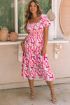 Pink Brush Stroke Printed Smocked Ruffle Tiered Dress-Dresses-MomFashion