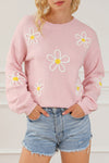 Pink Chenille Daisy Stitching Crew Neck Sweater-Tops-MomFashion