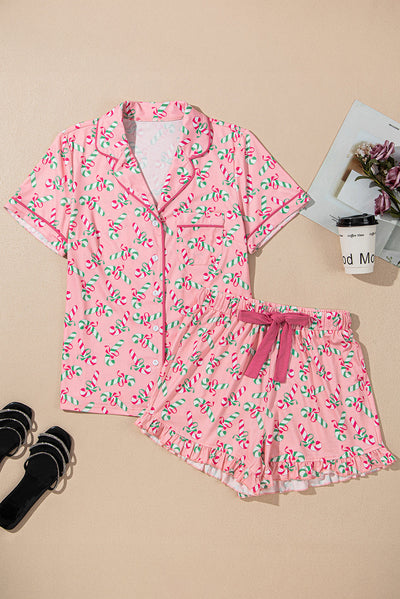 Pink Christmas Candy Cane Print Pocketed Knotted Pajama Set-Loungewear & Sleepwear/Sleepwear-MomFashion