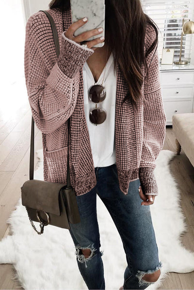 Pink Chunky Waffle Knit Oversized Collar Cardigan-Tops-MomFashion