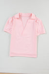 Pink Collared V Neck Puff Sleeve T-shirt-Tops-MomFashion