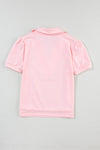 Pink Collared V Neck Puff Sleeve T-shirt-Tops-MomFashion