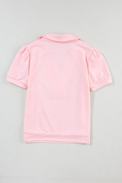 Pink Collared V Neck Puff Sleeve T-shirt-Tops-MomFashion