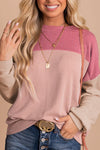 Pink Color Block Long Sleeve Ribbed Loose Top-Tops-MomFashion