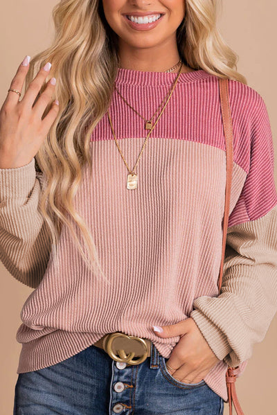 Pink Color Block Long Sleeve Ribbed Loose Top-Tops-MomFashion