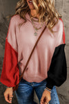 Pink Colorblock Bishop Sleeve Ribbed Trim Sweater-Tops-MomFashion