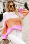 Pink Colorblock Drop Shoulder Pullover Loose Sweater-Tops-MomFashion