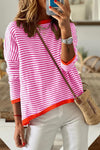 Pink Contrast Trimmed Striped Drop Shoulder Sweater-Tops-MomFashion