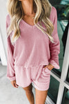 Pink Corded V Neck Slouchy Top Pocketed Shorts Set-Loungewear-MomFashion