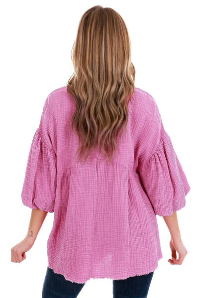 Pink Crinkle Bubble Sleeve Raw Hem Babydoll Blouse-Tops-MomFashion