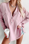 Pink Crinkle Long Sleeve Distressed Split Henley Top-Tops-MomFashion