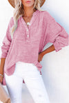 Pink Crinkle Textured Loose Henley Top-Tops-MomFashion