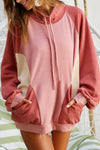 Pink Drawstring Pullover Pocketed Colorblock Sweatshirt-Tops-MomFashion