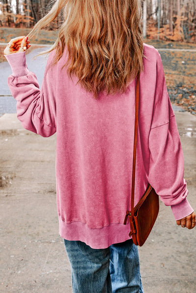 Pink Drop Shoulder Ribbed Trim Oversized Sweatshirt-Tops-MomFashion