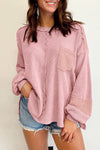 Pink Exposed Seam Patchwork Bubble Sleeve Waffle Knit Top-Tops-MomFashion