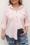 Pink Flap Pocket Tab Sleeve Button-Down Plus Size Shirt-Plus Size-MomFashion