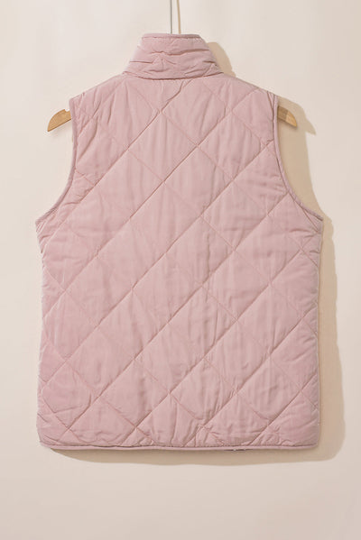 Pink Fleece Lined Quilted Vest Coats-Outerwear-MomFashion