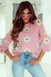 Pink Floral Pattern Drop Shoulder Sweater-Tops-MomFashion