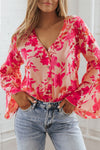 Pink Floral Print Tiered Bell Long Sleeve Buttoned Bodysuit-Tops-MomFashion