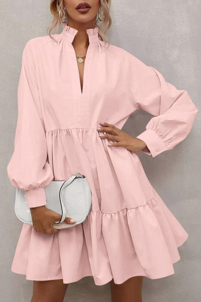 Pink Frilled Stand Collar Long Sleeve Ruffle Dress-Dresses-MomFashion