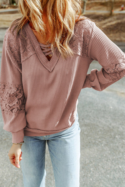 Pink Lace Waffle Patchwork Strappy V Neck Long Sleeve Top-Tops-MomFashion