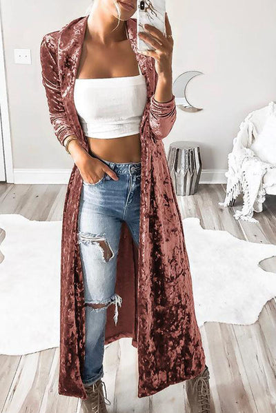 Pink Lapel Open Front Duster Velvet Cardigan-Tops-MomFashion