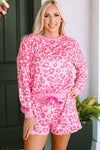 Pink Leopard Long Sleeve Satin Tie Shorts Two Piece Set-Loungewear-MomFashion