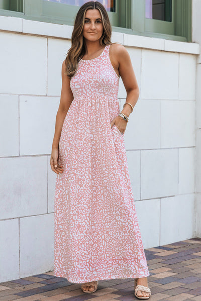 Pink Leopard Print Pocketed Sleeveless Maxi Dress-Dresses-MomFashion