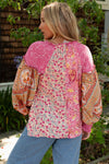 Pink Mixed Floral Printed Puff Sleeve V-Neck Shirt-Tops-MomFashion