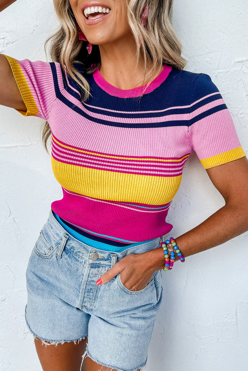 Pink Mixed Stripes Ribbed Knit Top-Tops-MomFashion