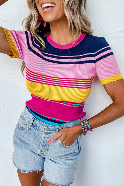 Pink Mixed Stripes Ribbed Knit Top-Tops-MomFashion