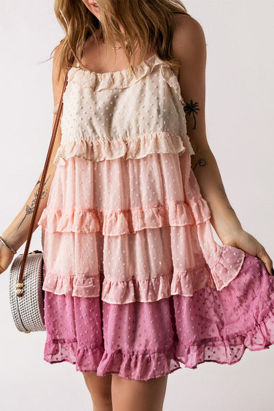 Pink Ombre Swiss Dot Ruffled Tiered Mini Dress-Dresses-MomFashion