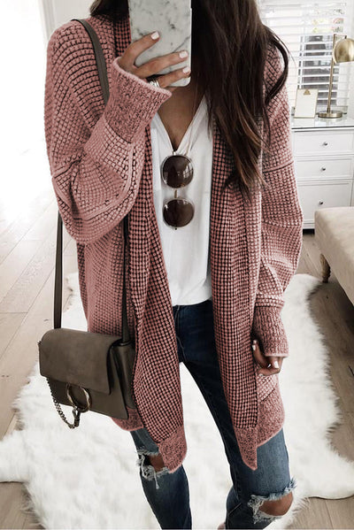 Pink Plaid Knitted Long Open Front Cardigan-Tops-MomFashion