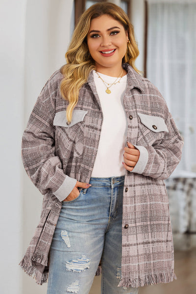 Pink Plus Size Macrame Plaid Coat-Plus Size-MomFashion