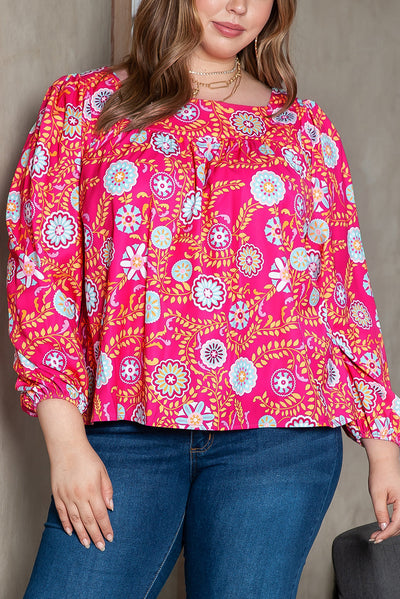 Pink Plus Size Square Neck Floral Blouse-Plus Size-MomFashion