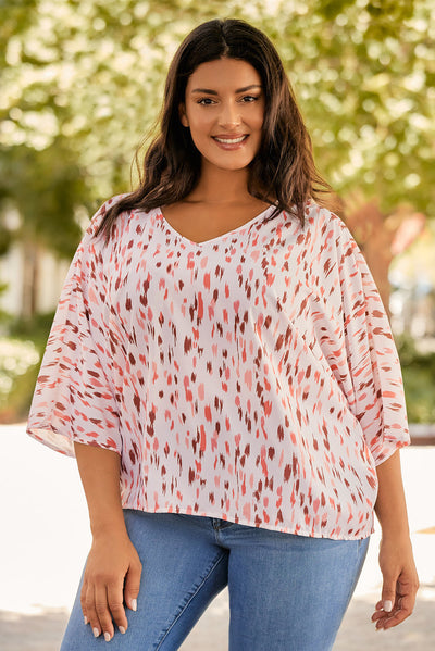 Pink Printed 3/4 Dolman Sleeve Plus Size Blouse-Plus Size-MomFashion