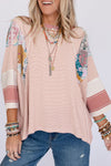 Pink Printed Pinstriped Color Block Patchwork Oversized Top-Tops-MomFashion