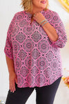 Pink Printed Plus Size Paisley Print V Neck Roll Tab Sleeve Blouse-Plus Size-MomFashion