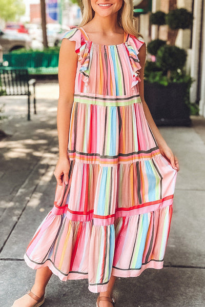 Pink Rainbow Stripe Ruffles Ruched Tiered Dress-Dresses-MomFashion