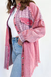 Pink Retro Distressed Houndstooth Patchwork Denim Jacket-Outerwear-MomFashion