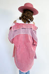 Pink Retro Distressed Houndstooth Patchwork Denim Jacket-Outerwear-MomFashion